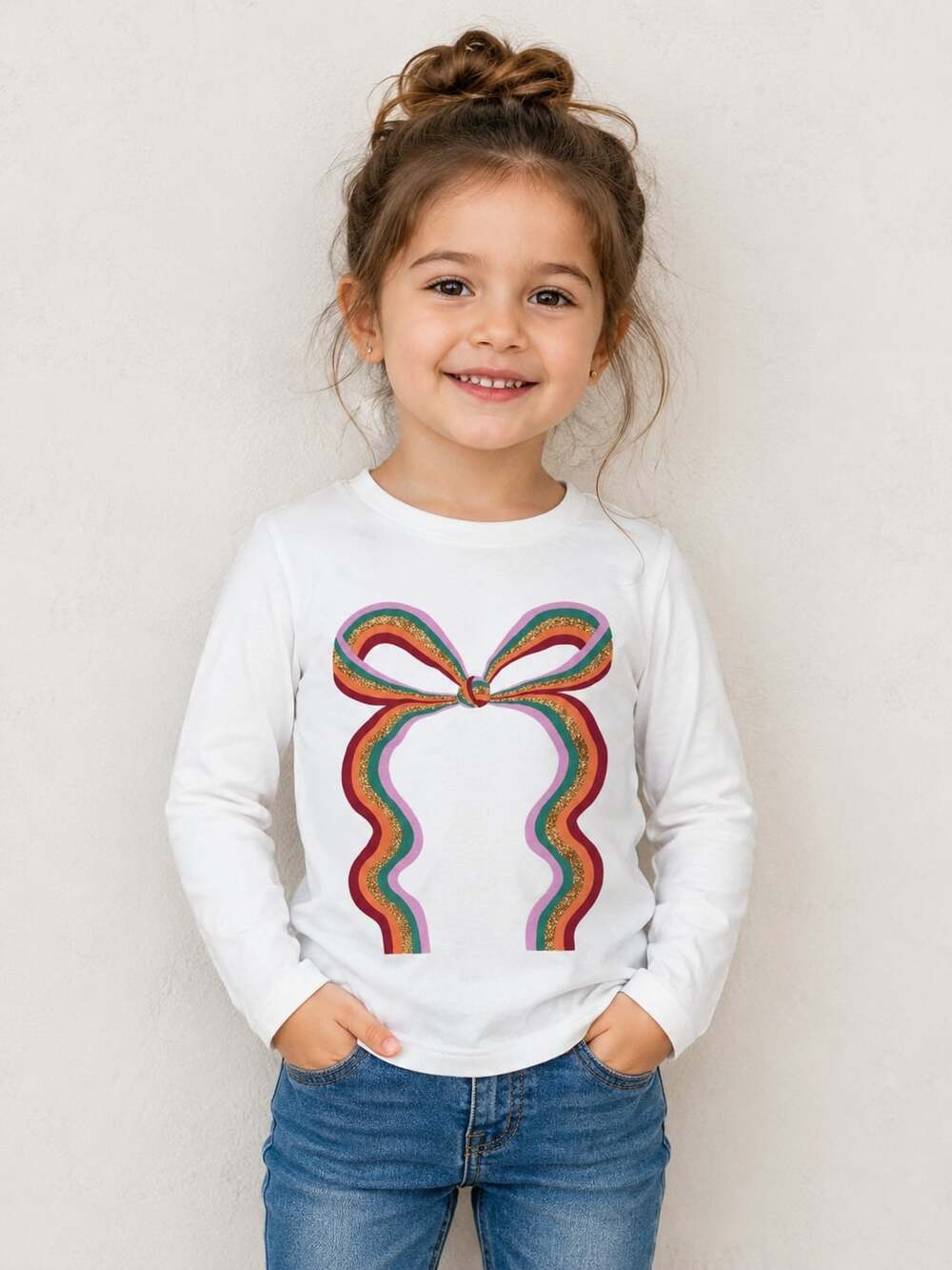 Cat & Jack Girls 4T White Long Sleeve Graphic T-Shirt Rainbow Bow Glitter